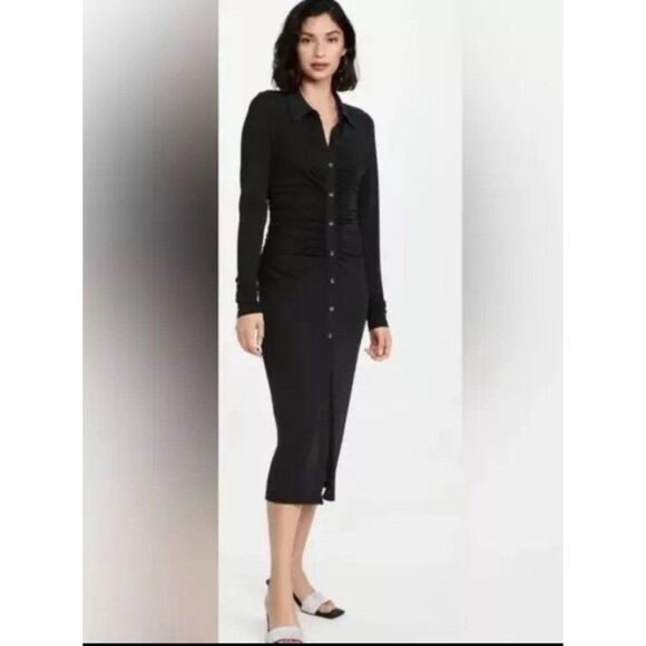 Good American Black Stretch Button Front Midi Dress, 0, NWOT - Picture 1 of 4